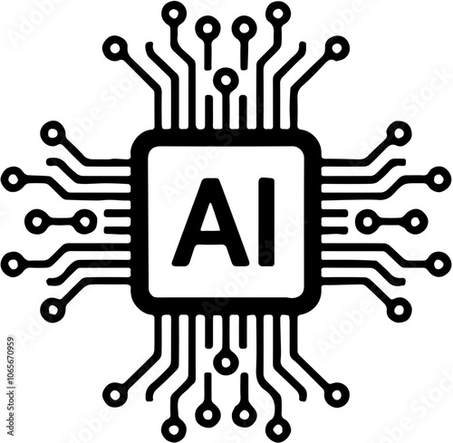 Minimalist Black and White AI Microchip Icon, Artificial Intelligence Concept, Technology Logo, Circuitry Symbol for Digital Interfaces, Software and Hardware Design, Tech Industry Applications