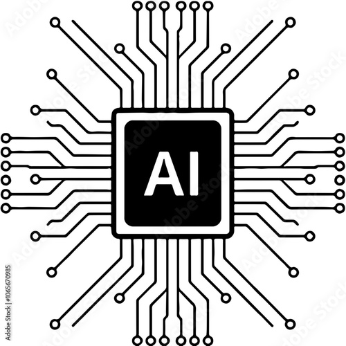 Minimalist Black and White AI Microchip Icon, Artificial Intelligence Concept, Technology Logo, Circuitry Symbol for Digital Interfaces, Software and Hardware Design, Tech Industry Applications