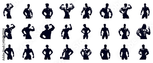 Set, Bodybuilder Silhouette, Man Silhouette, Muscular Man Silhouette, icons Isolated on white Background
