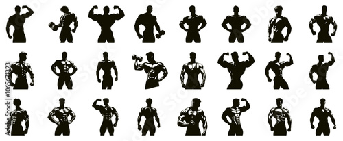 Set, Bodybuilder Silhouette, Man Silhouette, Muscular Man Silhouette, icons Isolated on white Background