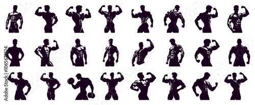 Set, Bodybuilder Silhouette, Man Silhouette, Muscular Man Silhouette, icons Isolated on white Background