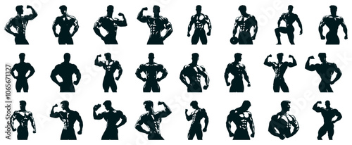 Set, Bodybuilder Silhouette, Man Silhouette, Muscular Man Silhouette, icons Isolated on white Background