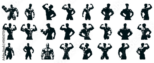 Set, Bodybuilder Silhouette, Man Silhouette, Muscular Man Silhouette, icons Isolated on white Background