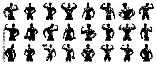 Set, Bodybuilder Silhouette, Man Silhouette, Muscular Man Silhouette, icons Isolated on white Background