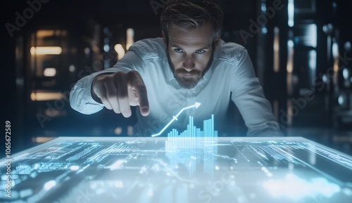 Businessman touching a virtual screen with his finger on a white table, pointing at a bar graph and an upward-pointing arrow icon photo