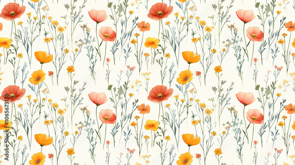 Fototapeta premium Cute feminine watercolor seamless pattern featuring hand drawn wildflowers ideal for fabric design and stationery