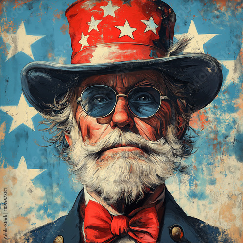 Vintage Patriotic Portrait of Elderly Man Wearing American Theme