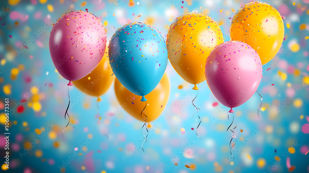 Colorful Balloons with Confetti on a Bright Background Colorful Balloons with Confetti on a Bright Background