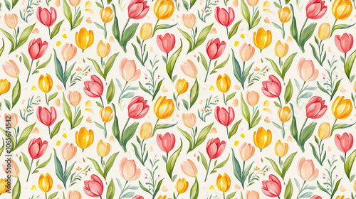 Seamless watercolor pattern of hand painted spring flowers with tulips and leafy branches ideal for wedding invitations and party card designs