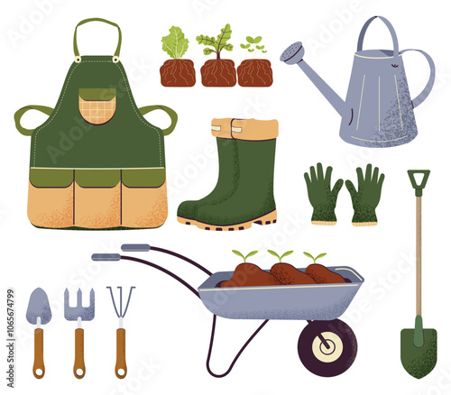 A spring set of gardening items. Tools for gardening. A rake, a shovel, an apron, rubber boots, a cart with seedlings for planting, a watering can, gloves. Vector illustration isolated.