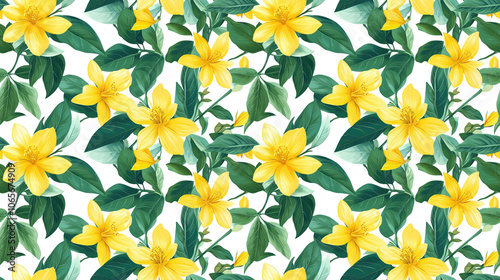 Seamless pattern of ylang ylang yellow tropical flowers and lush green leaves on a clean white background perfect for fabric design and home decor