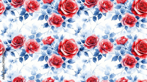 Seamless watercolor pattern featuring vibrant red roses intertwined with delicate blue vines ideal for textiles and decorative designs