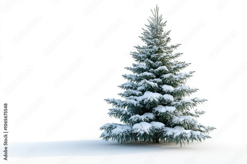 Fototapeta premium Snow covered Christmas tree isolated on white background.