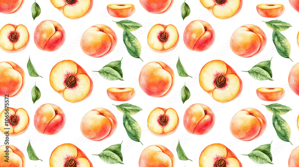 Seamless pattern of ripe peaches with leaves and halved fruit on a clean white background ideal for wallpaper and fabric design