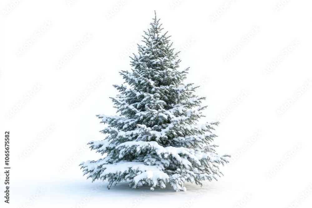 Fototapeta premium Snow covered Christmas tree isolated on white background.