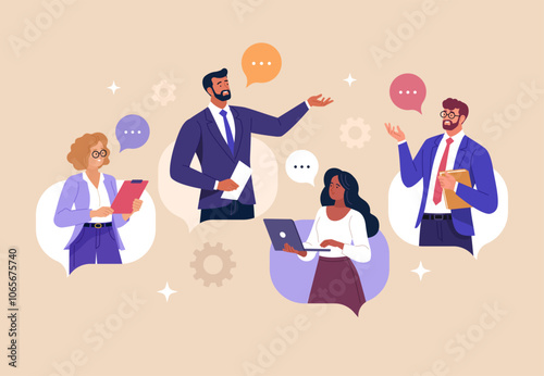 Business Discussion Concept. Vector illustration in flat style of a group of people communicating to each other in speech bubbles. Isolated on background.