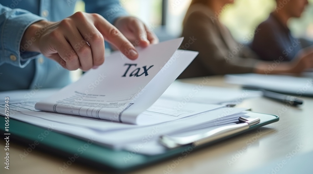 Fototapeta premium Person hand filing tax documents into a folder, focus on the documents labeled Tax Filing, modern office setting, soft natural lighting, clean and organized workspace