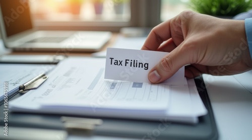 Person hand filing tax documents into a folder, focus on the documents labeled Tax Filing, modern office setting, soft natural lighting, clean and organized workspace