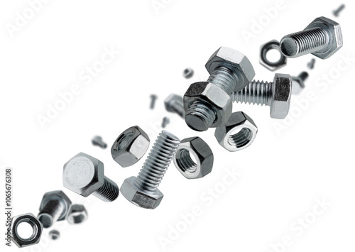 Set of bolts and nuts flies through space forming a chain shape. Isolated on white