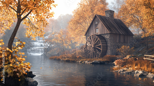 An old-fashioned gristmill by a serene river, decorated for a festive Thanksgiving celebration.