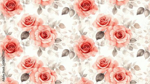 Seamless watercolor roses pattern featuring delicate floral illustrations and lush leaves ideal for wedding greeting cards