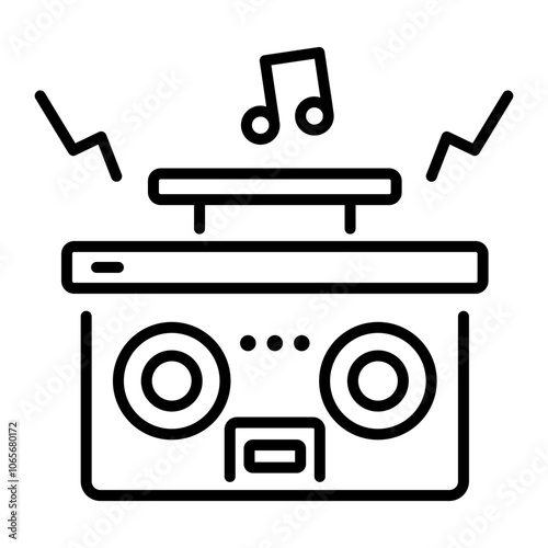 A line icon of a ghetto blaster with sound waves and a music note 