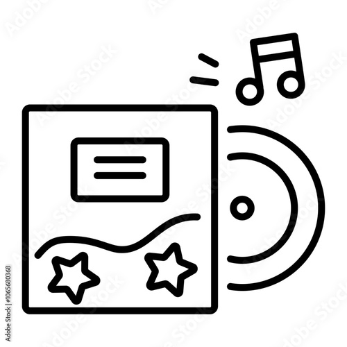 A line icon of a music album cover with a vinyl record and a music note