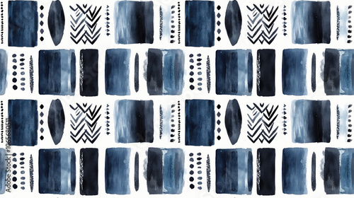 Seamless geometric pattern featuring black boho watercolor and denim geo stripes perfect for fabric design and home decor