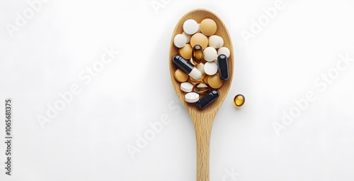 Top view of a multivitamin capsule with various pills and optical lenses in a wooden spoon on a white background, with copy 