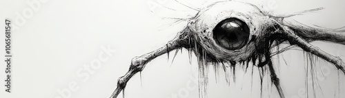 Blackandwhite sketch of a surreal oneeyed creature with spindly limbs isolate white background photo