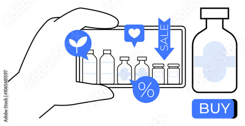 Hand holding smartphone displaying various supplement bottles, social media icons, and sale tags. Ideal for e-commerce, health, social media marketing, digital shopping, fitness, technology