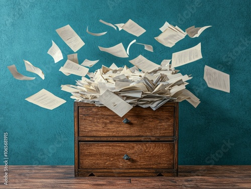 Detailed Closeup of Overflowing Dark Brown Wooden Chest of Drawers Against Teal Textured Wall with Floating Papers Chaotic Workload Concept