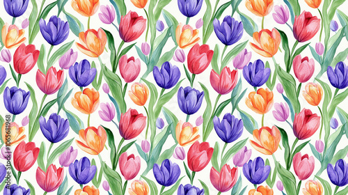 Seamless paisley floral pattern with vibrant watercolor tulips and leaves ideal for ceramic design and wallpaper decoration