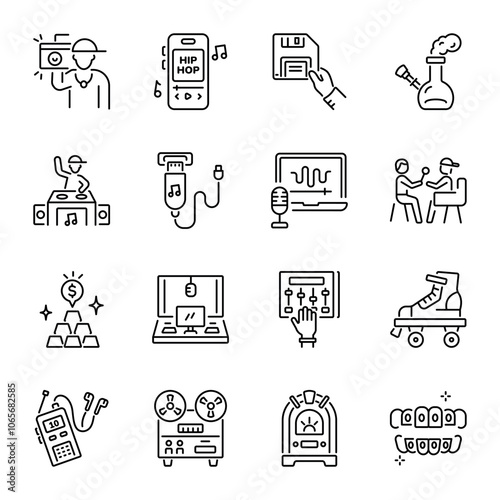 Set of Hip Hop Music Line Icons

