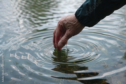 Serene Moment of Reflection: Hand Creating Ripples on a Calm Lake Surface for Mindfulness Themes