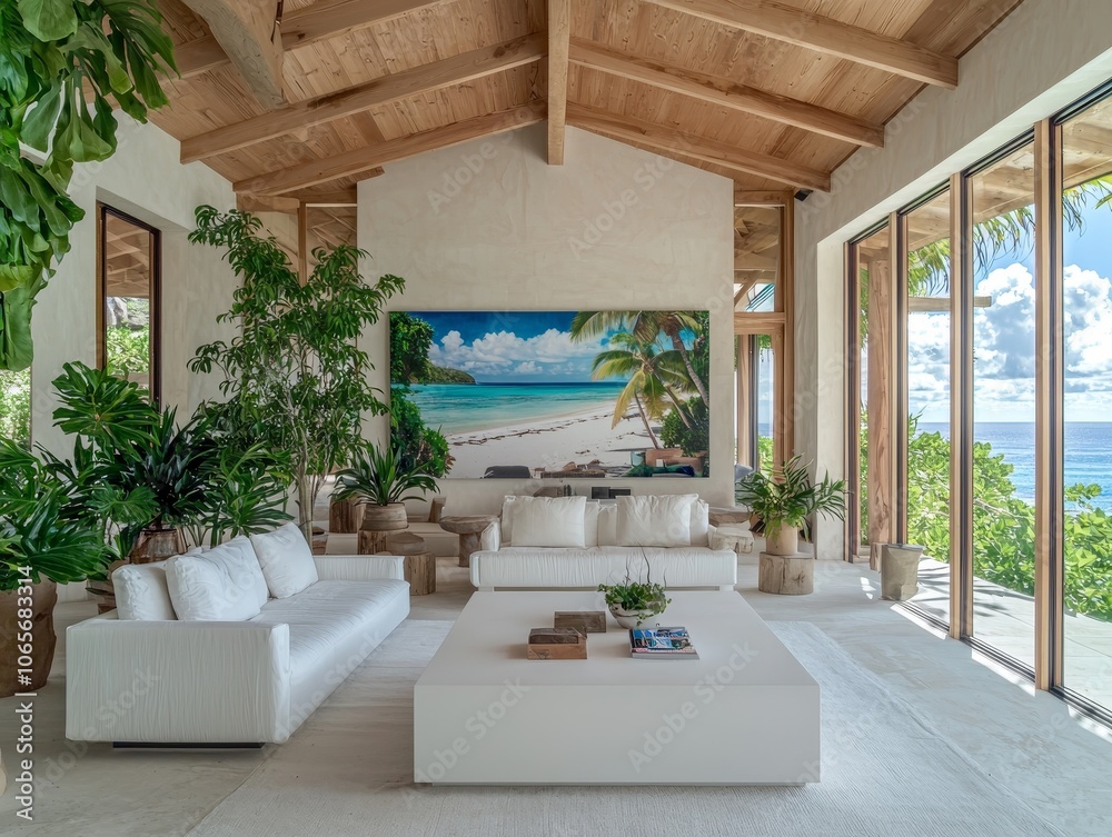 Naklejka premium Luxurious Coastal Living Room with Ocean View and Tropical Elements - Spacious White Sofa, Serene Ambiance