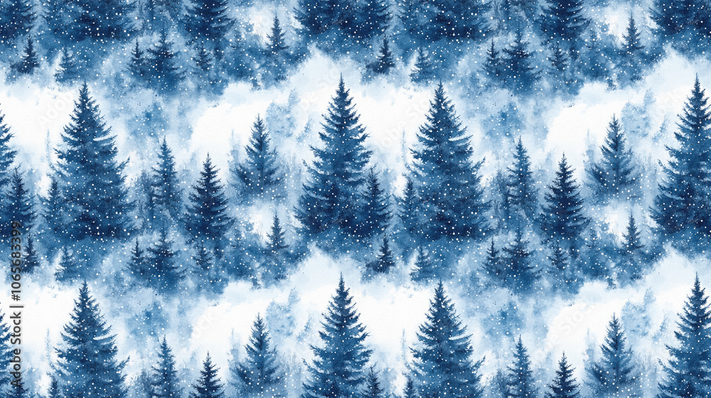 Obraz premium Winter landscape watercolor illustration featuring snow covered spruce trees in a seamless pattern