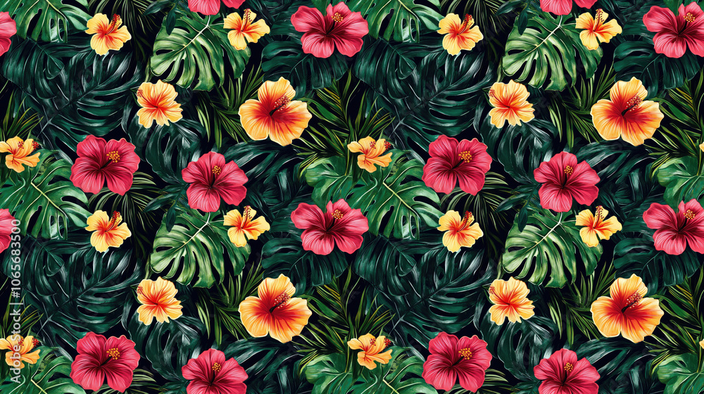 Trendy seamless pattern featuring hand drawn tropical leaves and vibrant flowers ideal for fabric or wallpaper design Trendy seamless pattern featuring hand drawn tropical leaves and vibrant flowers ideal for fabric or wallpaper design