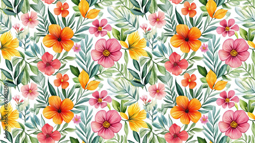 Watercolor seamless pattern featuring a variety of vibrant leaves and delicate flowers perfect for textile design and home decor