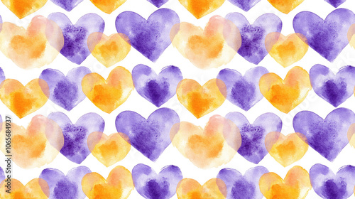 Seamless watercolor pattern featuring handmade heart designs in yellow and violet perfect for Valentine s Day celebrations photo