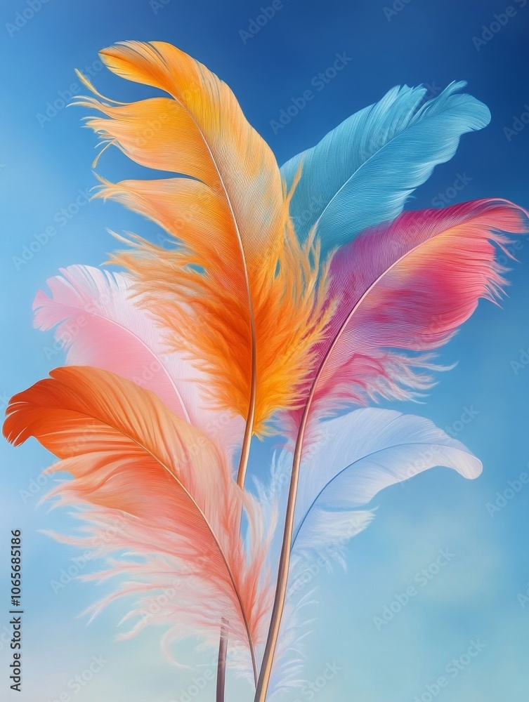 Naklejka premium A cluster of vibrant feathers in shades of pink, blue, orange, and white against a soft blue sky, symbolizing lightness, freedom, beauty, delicate nature and hope.