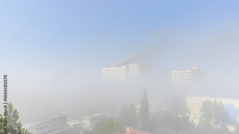 Fototapeta premium Hazy Cityscape: air pollution. A skyline shrouded in thick smog, with high-rise buildings barely visible. The polluted air creates an eerie atmosphere. Use this image to depict urban air quality 