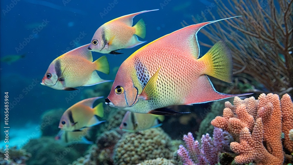 Vibrant Angelfish Swimming in Pastel Pink Coral Reef Vibrant Angelfish Swimming in Pastel Pink Coral Reef