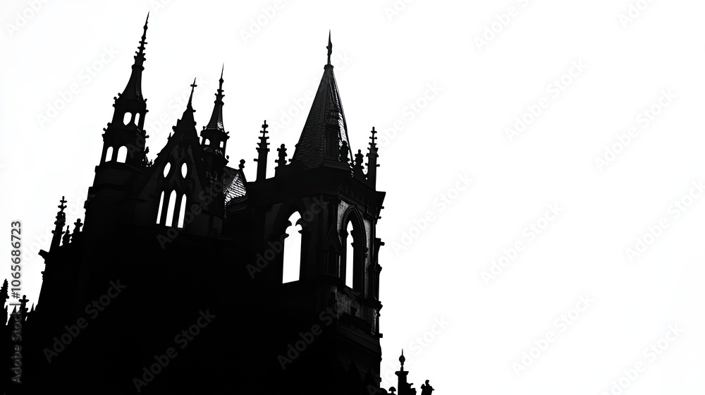 Elegant castle silhouette with arched windows and pointed turrets on a white backdrop, perfect for storybook or fantasy themes. Elegant castle silhouette with arched windows and pointed turrets on a white backdrop, perfect for storybook or fantasy themes.