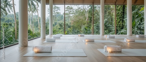 Tranquil Yoga Studio Retreat with Lush Forest Backdrop and Candlelit Serenity