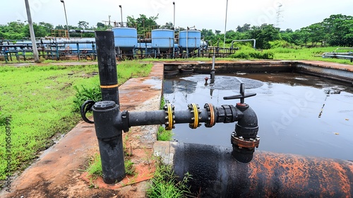 Water Treatment Plant :water pollution. An industrial water treatment facility with tanks, pipes, and filters. The clean water output contrasts with the polluted inlet. Use this image for infrastructu photo