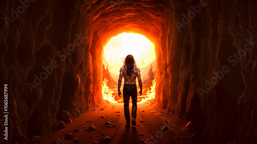 Human figure ventures into fiery, hellish cave entrance, conveying sense of afterlife hell supernatural realm. Intense lighting and rugged environment evoke foreboding, otherworldly atmosphere.