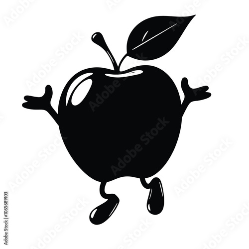 a funny jumping apple cartoon character, black color silhouette, isolated white background