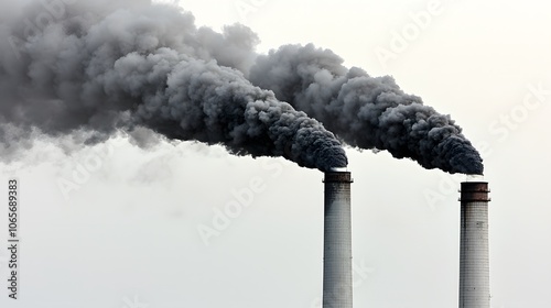 Choking Smokestacks: air pollution. Industrial smokestacks belching out dark plumes of pollutants against a gray sky. The stark contrast between the stacks and the environment emphasizes the 