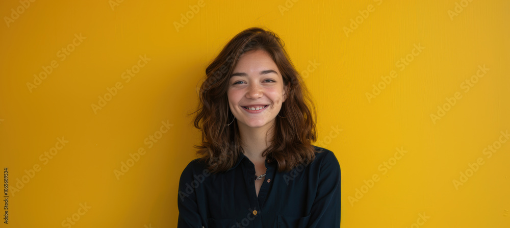 Joyful Young Woman with Carefree Smile Against Vibrant Yellow Backdrop for Positive Design